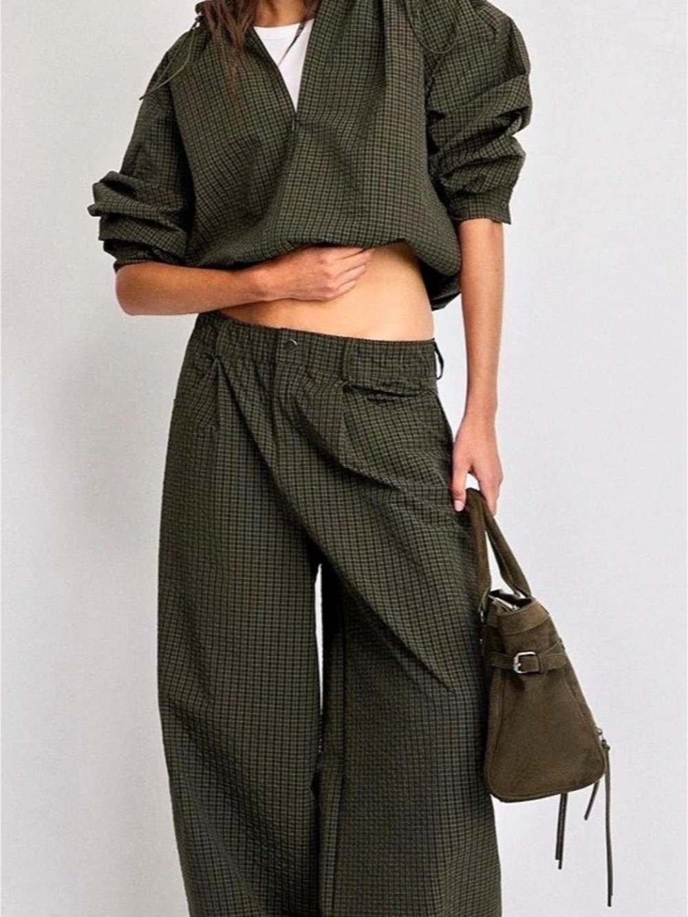Stradivarius Khaki Check Parachute Wide Leg Trousers Size 4